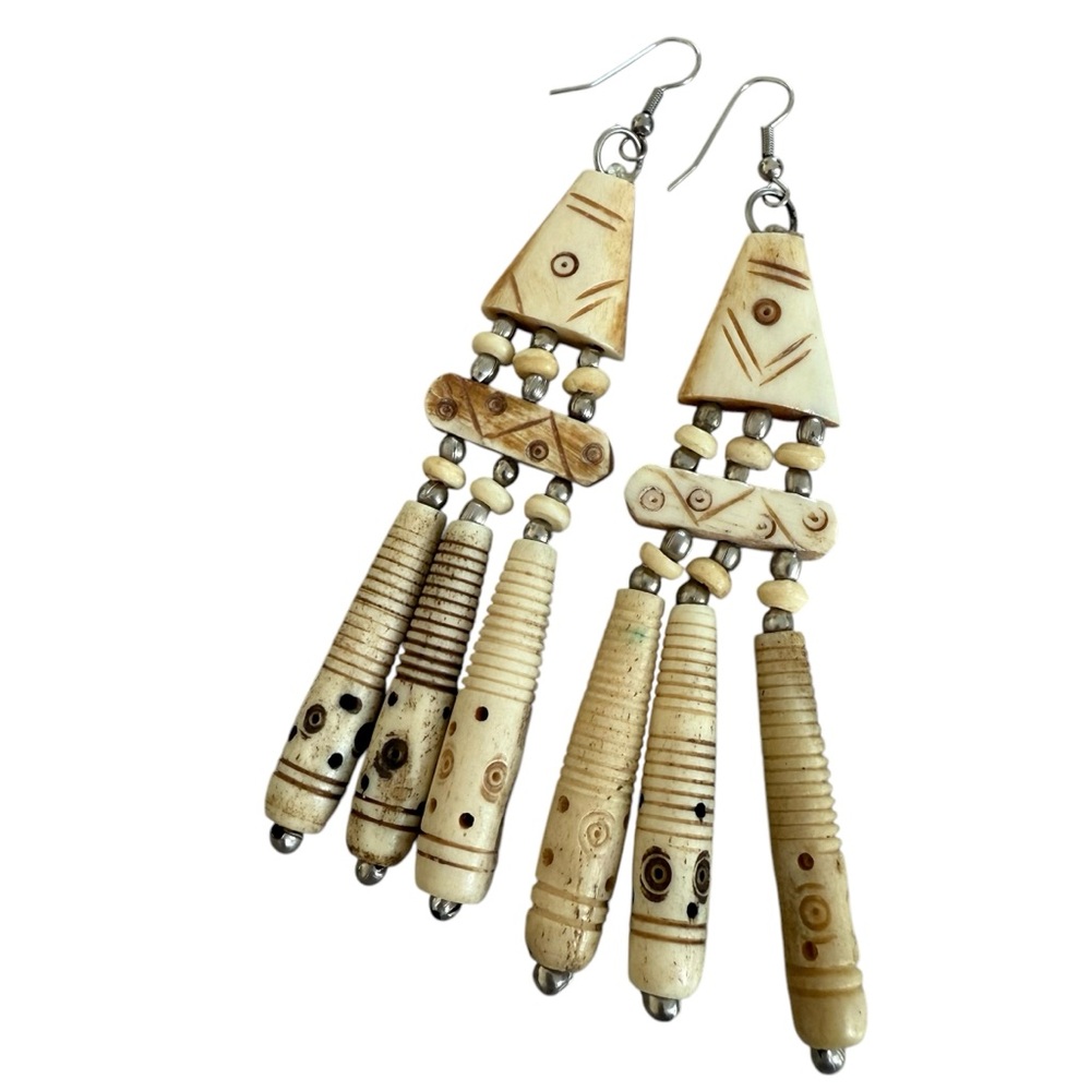 Boho kinetic bone fish shape earrings dangling Artisan Carved Bovine Bone